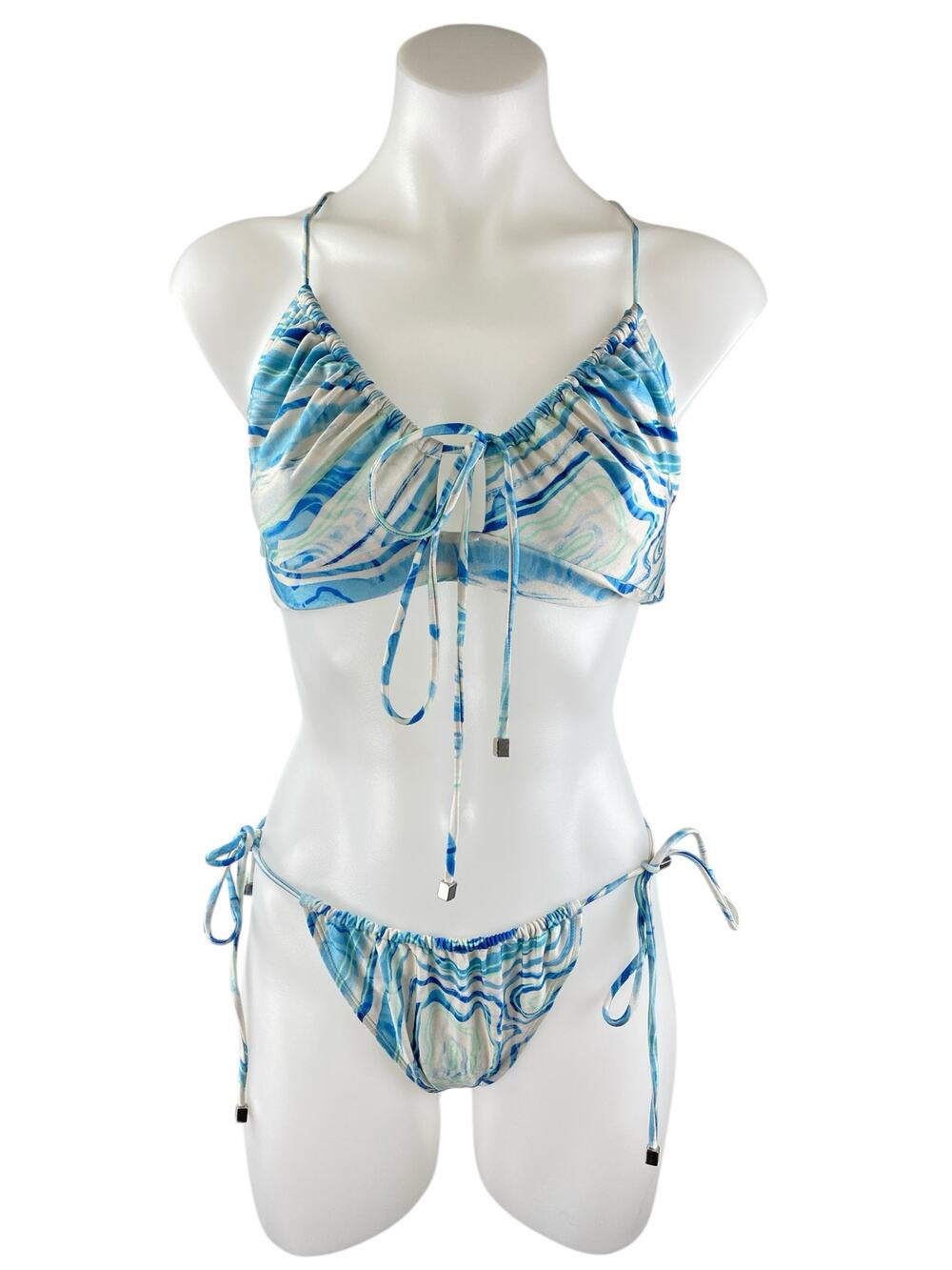 NEW Suboo Blue Marble Print Two Piece Crossback Bikini Swimsuit Swimwear Size OS